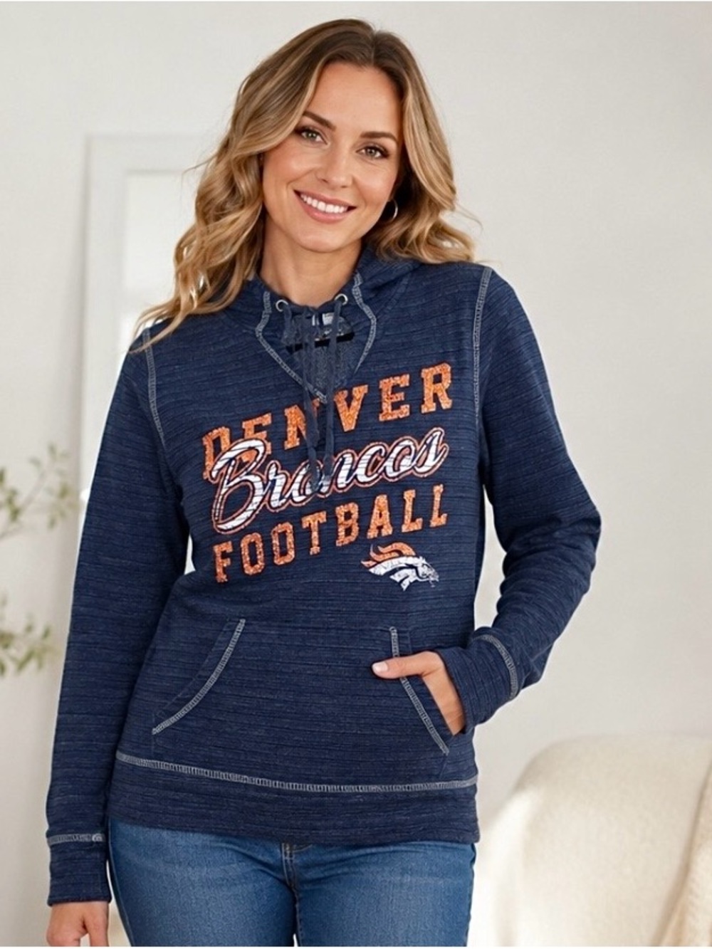 NFL Denver Broncos Football Hoodie in Navy, Orange, & White, Small